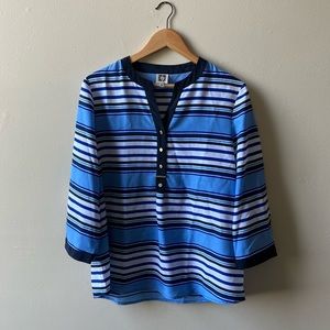 Anne Klein Blue Henley Collar 3/4 Sleeve Blouse